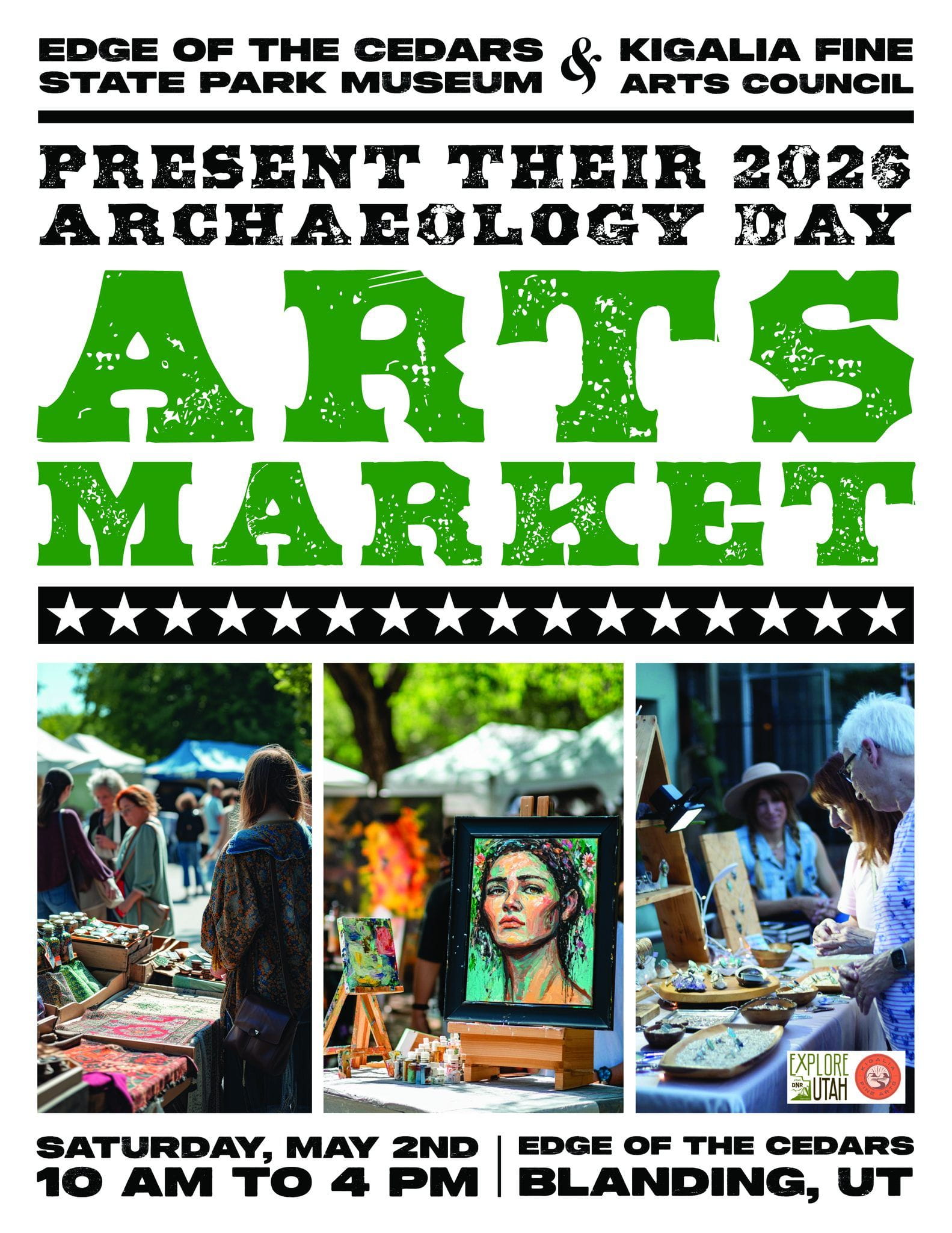 Poster for 2026 Archaeology Day Arts Market in Blanding, Utah.