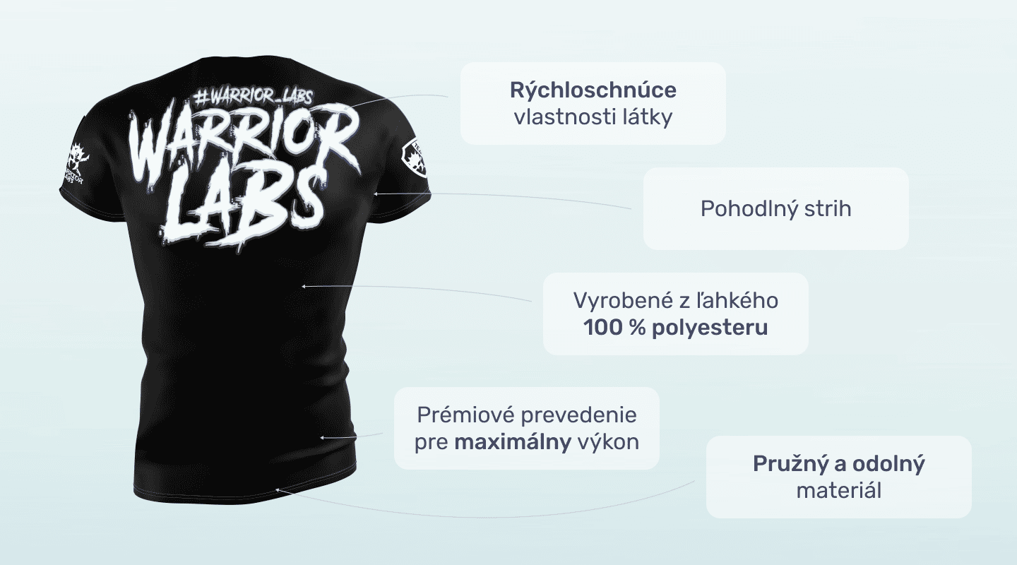 #1 - Infografika - Športové tričko Warrior Labs v čiernej farbe a výrazným nadpisom v bielej farbe