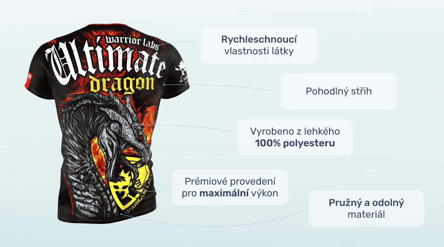 #1 - Infografika - Športové tričko Ultimate Dragon s motívom Smauga s plameňmi v pozadí