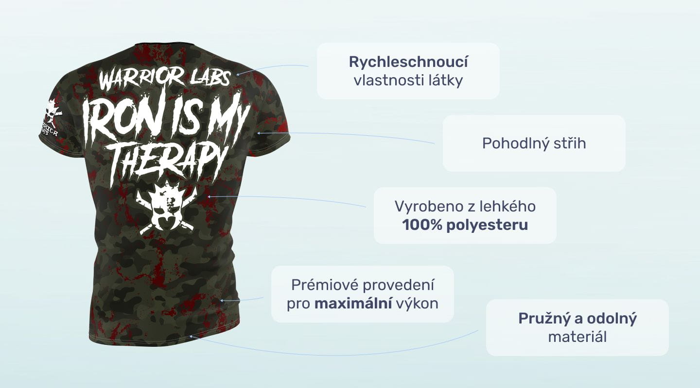 #1 - Infografika - Športové tričko Iron is my therapy znázorňuje vojenský dizajn s roztrhaným a výrazným pismom