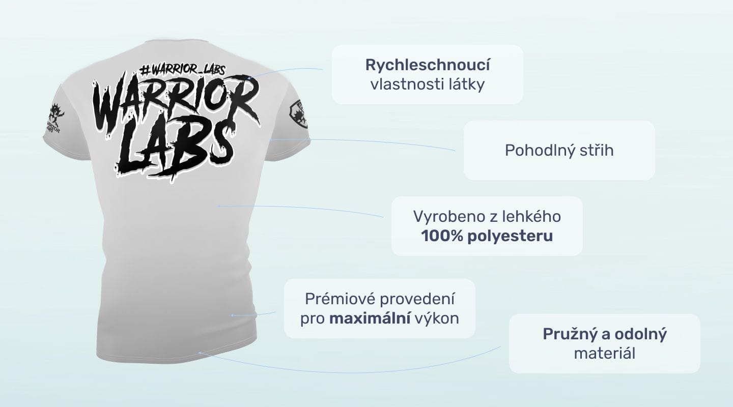 #1 - Infografika - Športové tričko Warrior Labs v bielej farbe a výrazným nadpisom na chrbte cz