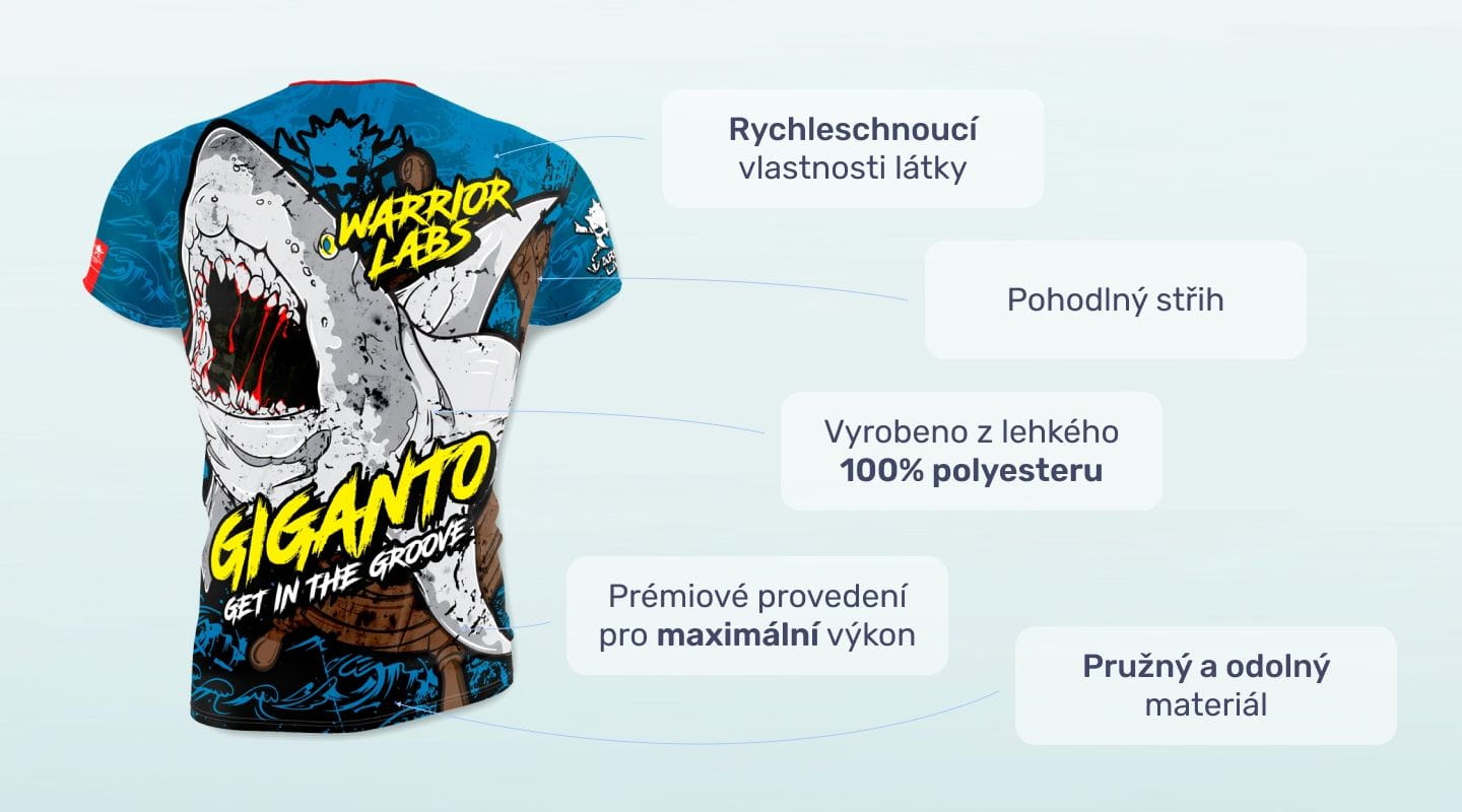#1 - Infografika - Športové tričko Giganto symbolizuje dravého a odvážneho žraloka ktorý prekračuje svoje limity v honbe za korisťou