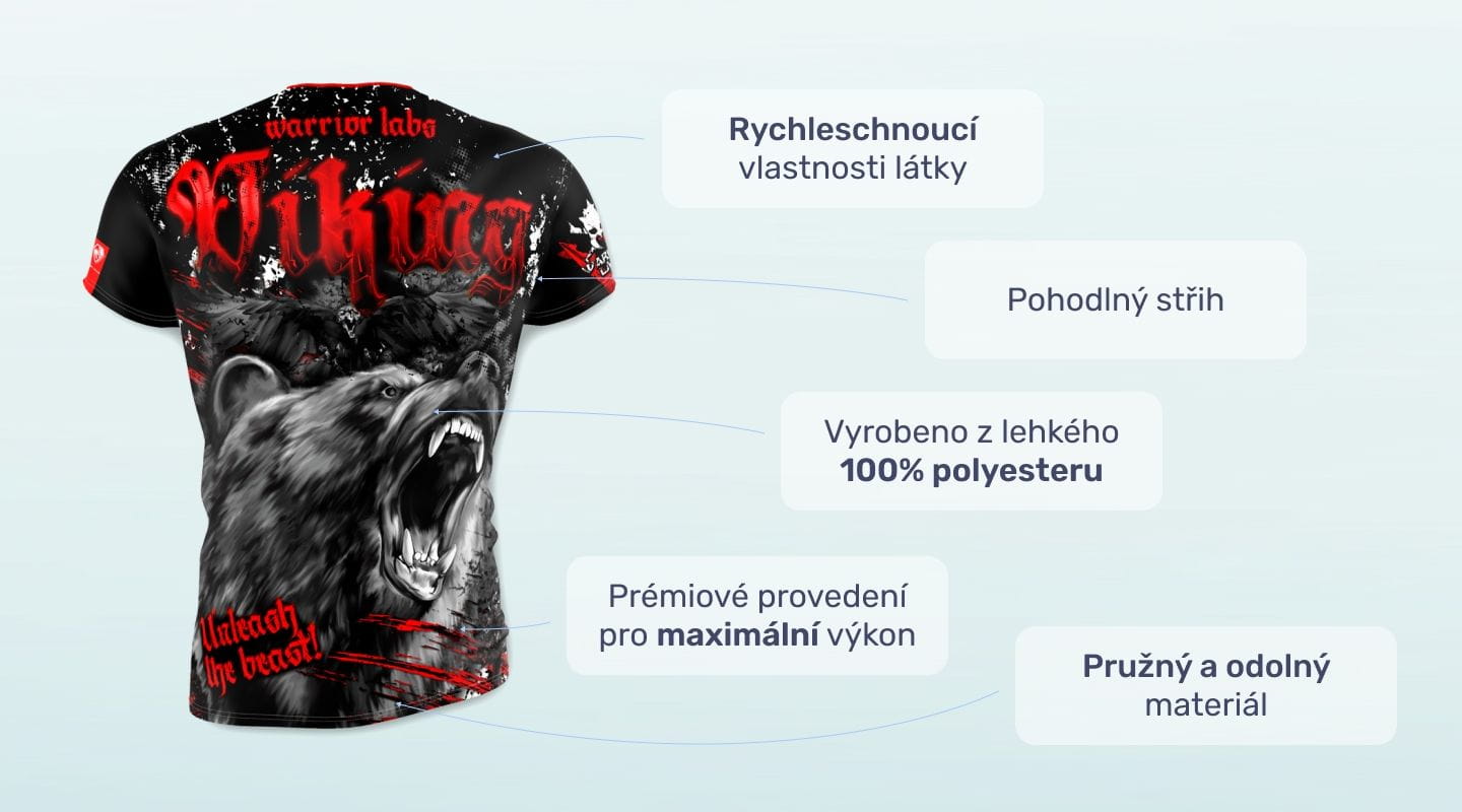 #1 - Infografika - Športové tričko Viking s motívom medveďa v škandinávskom lese a výrazným červeným nápisom