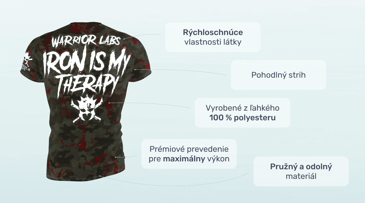 #1 - Infografika - Športové tričko VIron is my therapy znázorňuje vojenský dizajn s roztrhaným a výrazným pismom