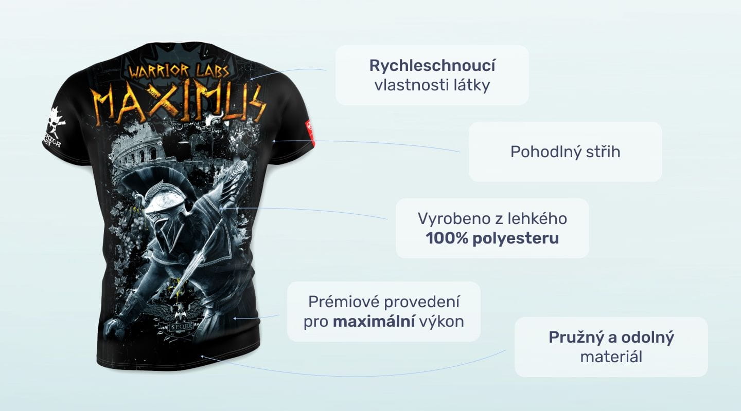 #1 - Infografika - Športové tričko Maximus s motívom gladiátora súťažiaci v koloseu počas antických hier