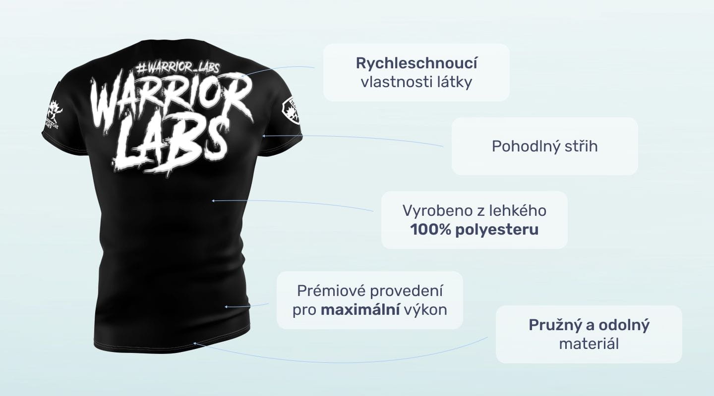 #1 - Infografika - Športové tričko Warrior Labs v čiernej farbe a výrazným nadpisom v bielej farbe cz
