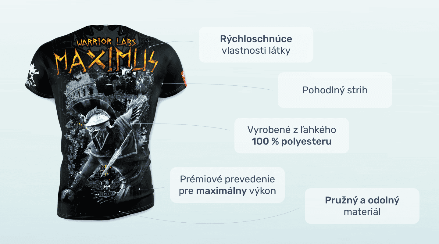 #1 - Infografika - Športové tričko Maximus s motívom gladiátora súťažiaci v koloseu počas antických hier