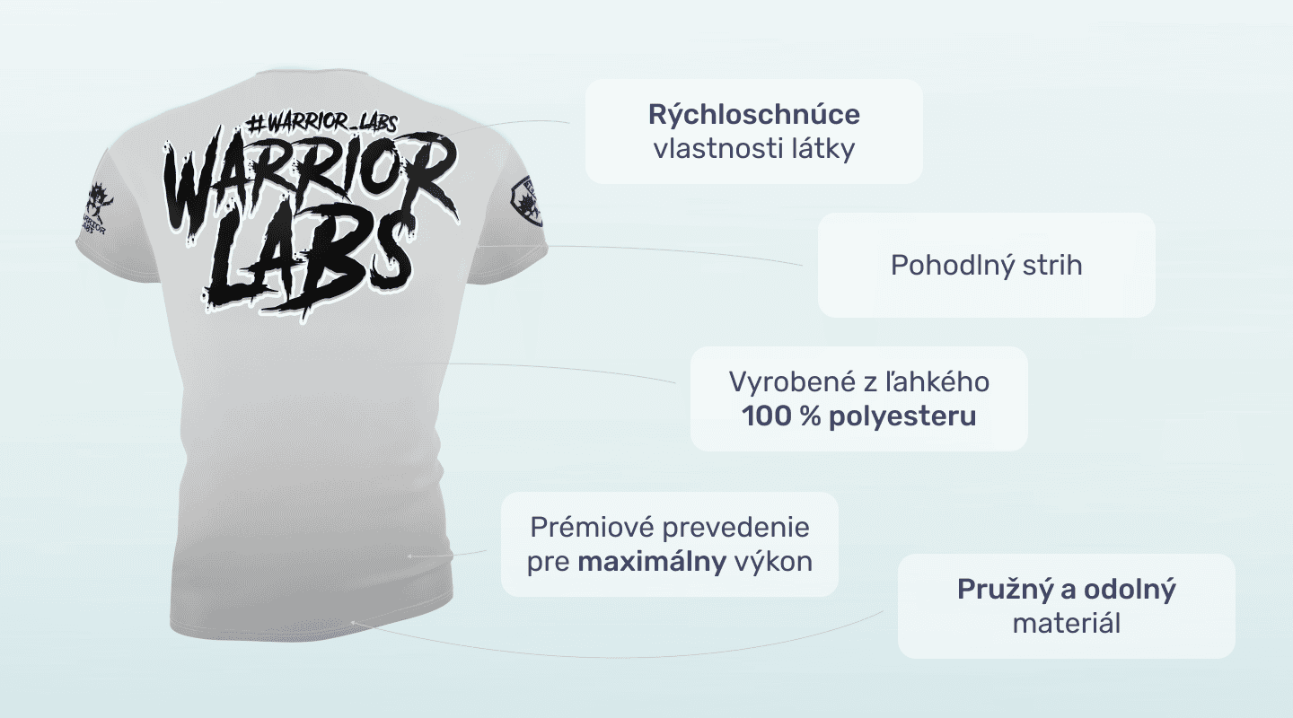 #1 - Infografika - Športové tričko Warrior Labs v bielej farbe a výrazným nadpisom na chrbte