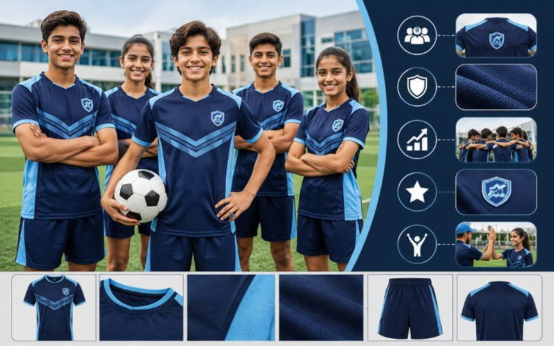 A group of five young soccer players in blue uniforms stand together on a field.