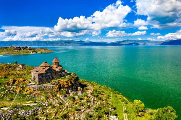 Hayravank monastery on the shores of lake Sevan in Armenia Aerial view of Hayravank monastery on the shores of lake Sevan in Armenia Armenia tourist places stock pictures, royalty-free photos & images