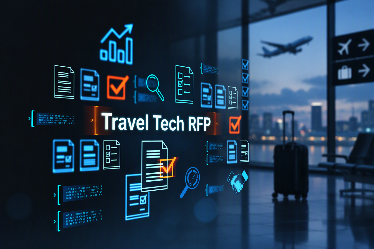 A futuristic airport terminal with blue holographic travel tech icons on a glass wall.