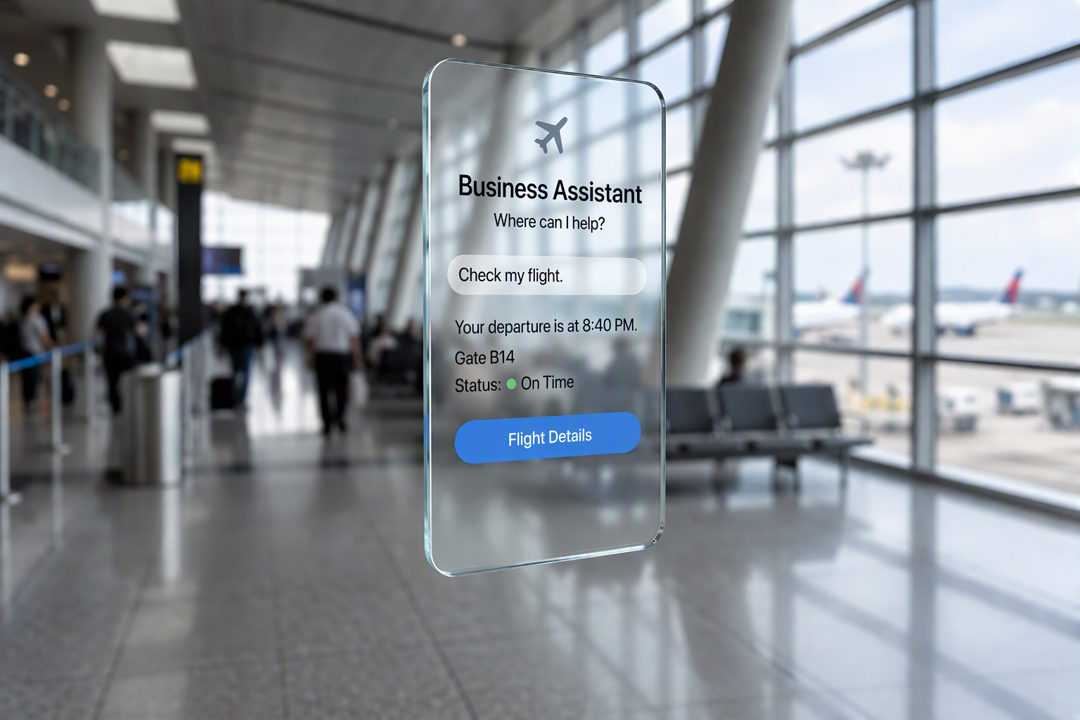 A translucent phone-like hologram hovers in a bright airport terminal.