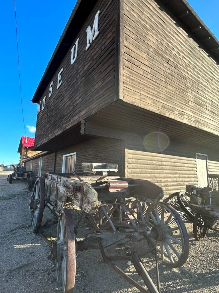 Wagons on display outside the North Park Pioneer Museum
