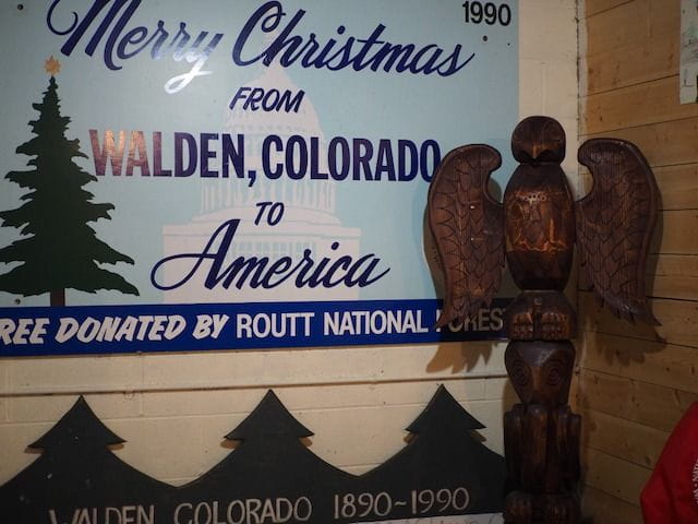 Totem pole made from the 1990 Capitol Christmas Tree donated by Routt National Forest from North Park's old growth spruce forests
