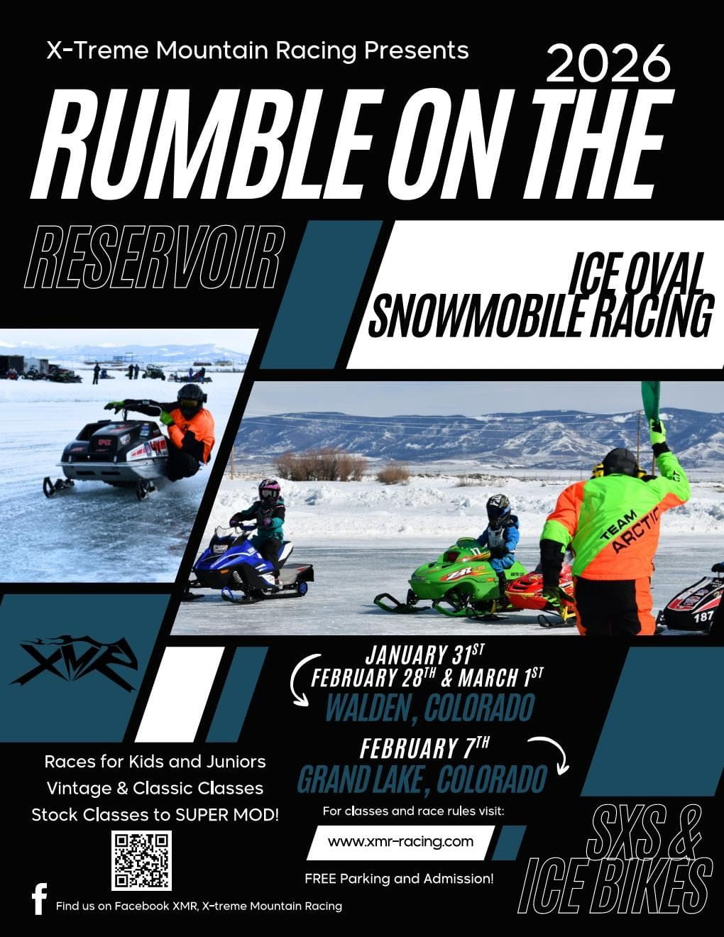 Flyer for X-Treme Mountain Racing with QR code and Facebook page. Riders on vintage snowmobiles in front of a background of snow covered mountains racing on a frozen lake.