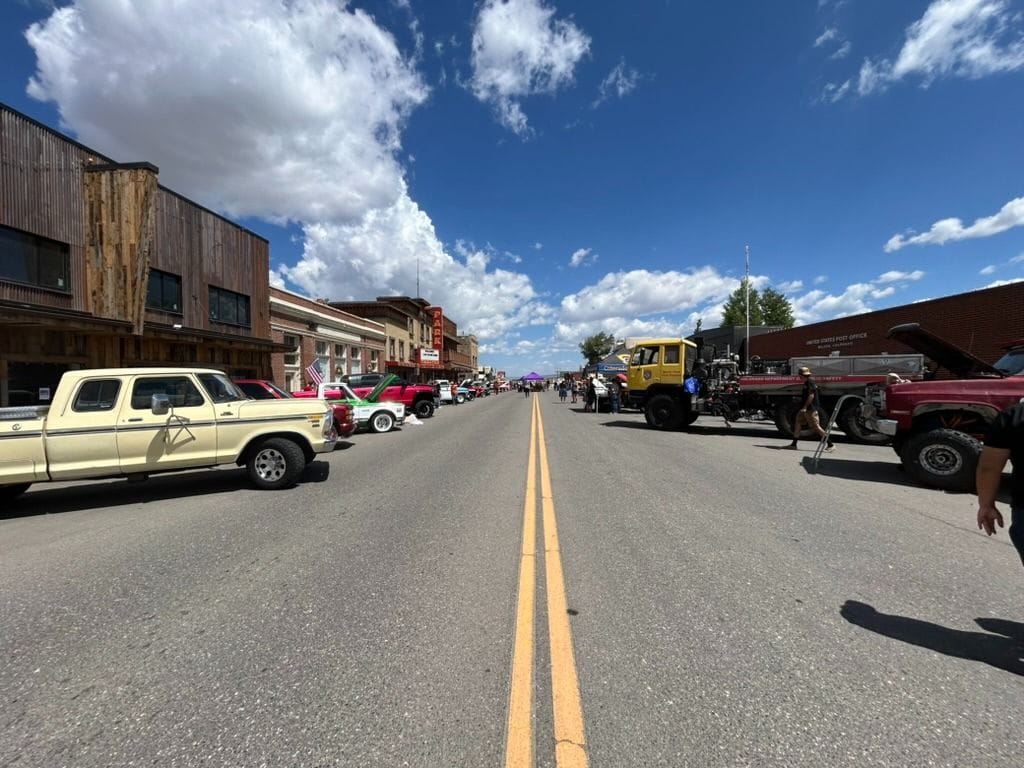 Cars lined up on Main Street in Walden for the High Altitude Car Show and Burnout Contest