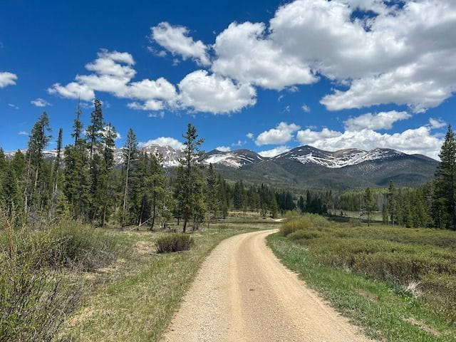 View of mountains with a dirt road near Colorado State Forest State Park