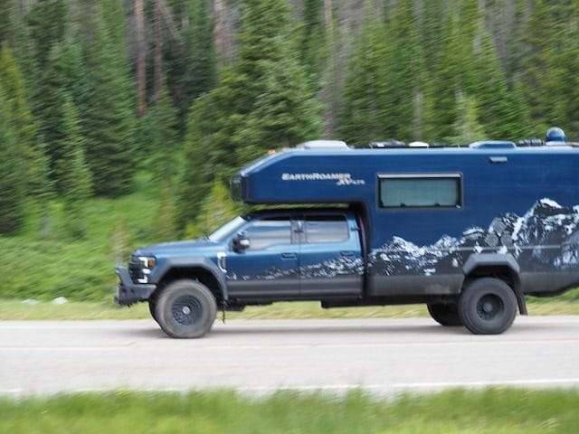 An EarthRoamer overlanding rig on the Cache La Poudre-North Park Scenic Byway