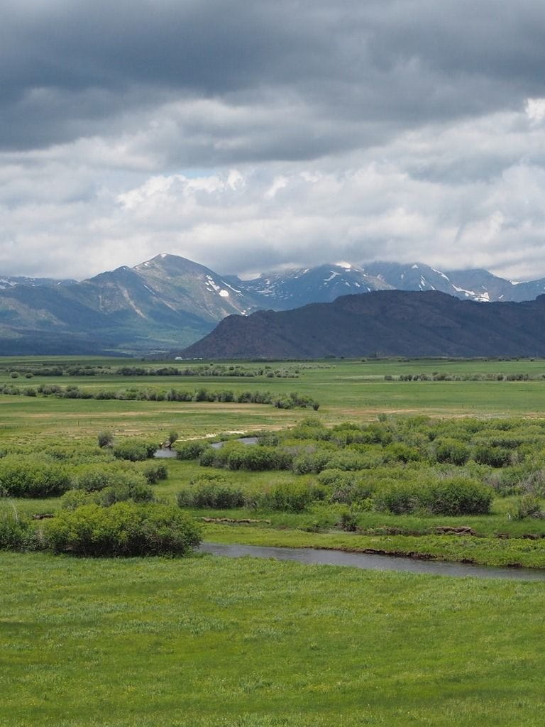 view of Delaney Buttes as it awaits a storm coming over the Park Range. Green hay meadows and a winding river in the foreground.