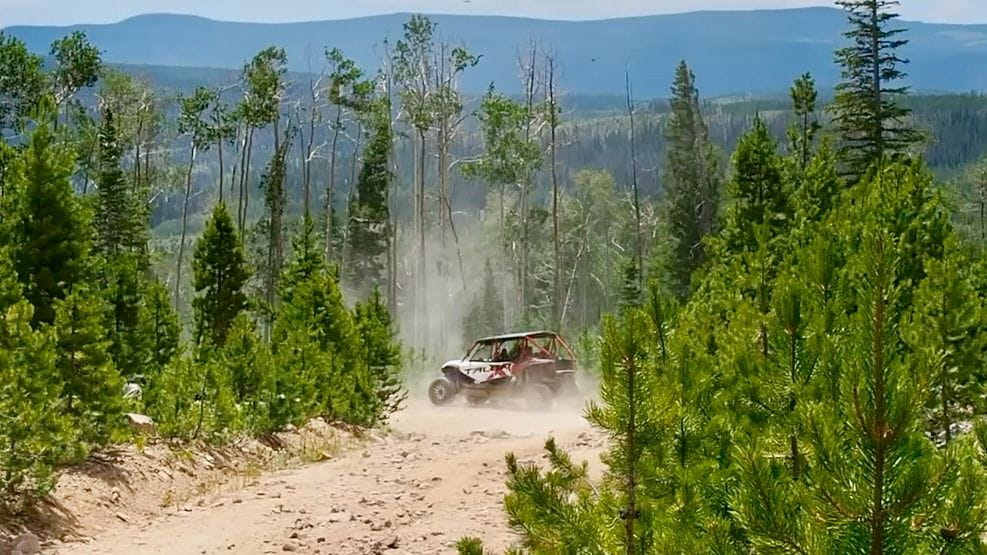 A side-by-side runs the trails near Bockman Campground at the Colorado State Forest State Park