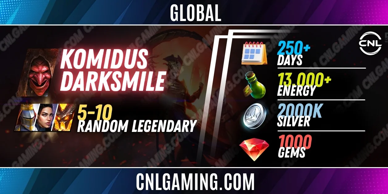 Mythical| Global Komidus Darksmile + 5-10 random Legendary | 250+ Days | Energy 13000+ | Silver 2000K | 1000 Gems