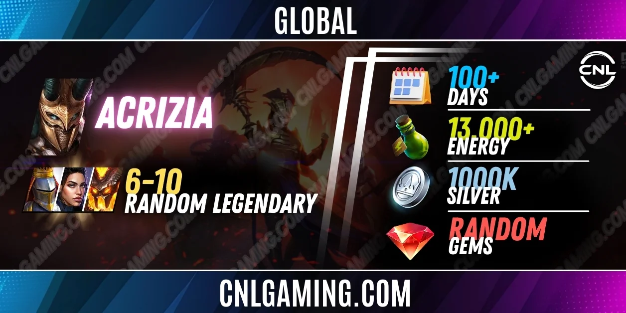 Acrizia + 6-10 random Legendary | 100+ Days | Energy 13000+ | Silver 1000K | Ramdom Gems