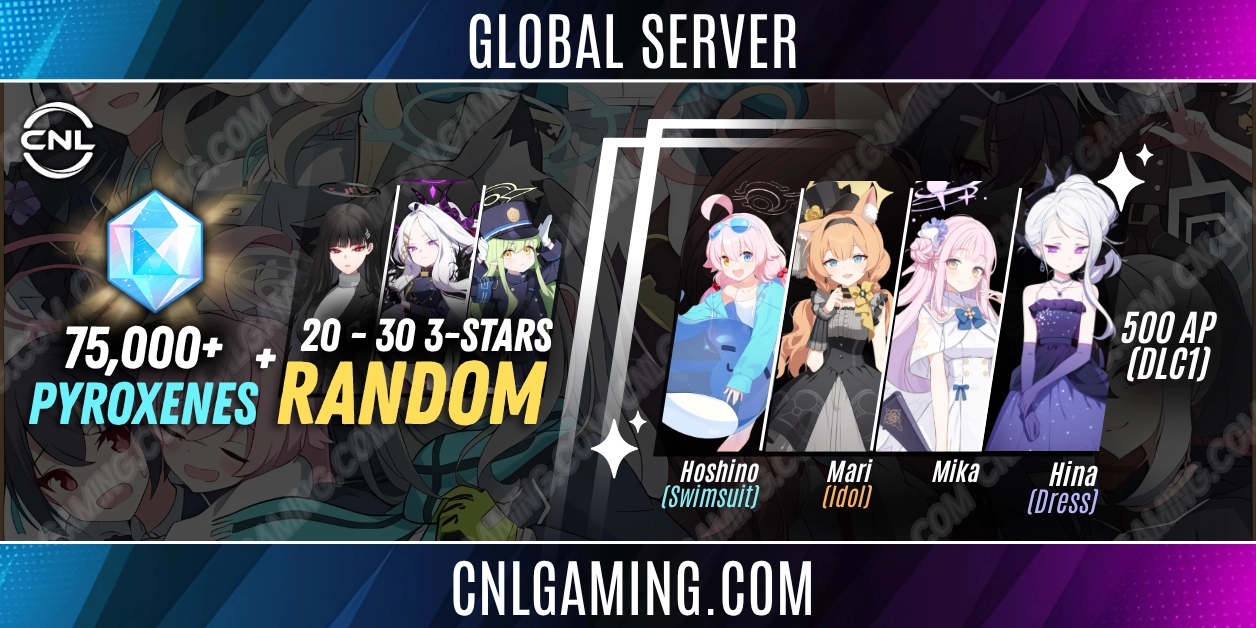 Global - 75,000 Diamonds + 20–30 Random 3-Star [Mari (Idol) + Mika + Hoshino (Swimsuit) + Hina (Dress)] + 500 AP (DLC1)