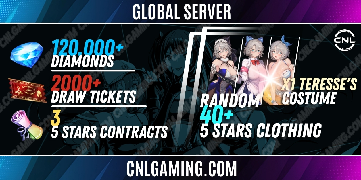 | Global | 120000+ Diamonds + 2000+ Draw ticket + 3 x 5 stars Contracts + 40+ 5 star Clothing(x1 Teresse's costume) (Special 2)