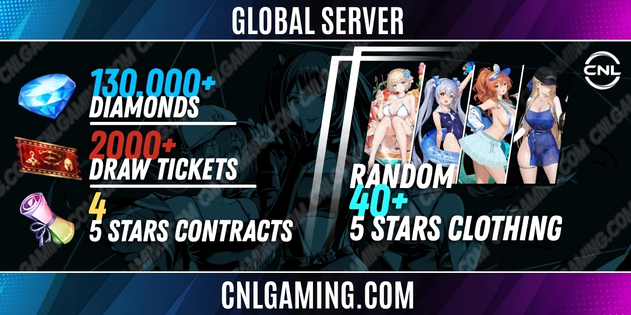 | Global | 130000+ Diamonds + 2000+ Draw ticket + 4 x 5 stars Contracts + Random 40+ 5-star Clothing (Special 8)