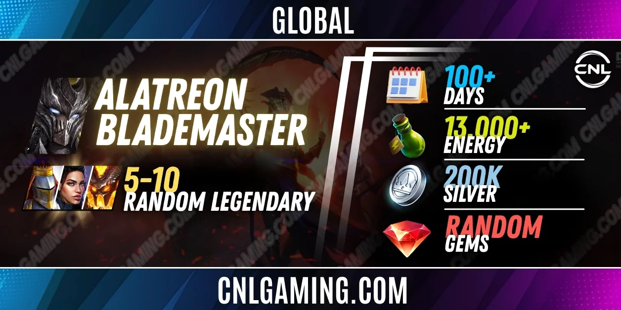 Global Alatreon Blademaster + 5-10 random Legendary | 100+ Days | Energy 13000+ | Silver 200K | Ramdom Gems