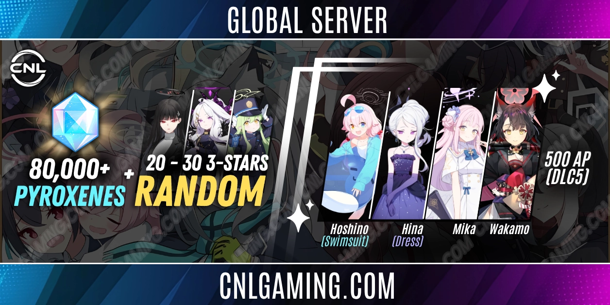 Global - 80,000 Diamonds + 20–30 Random 3-Star [Mika + Hoshino (Swimsuit) + Hina (Dress) + Wakamo] + 500 AP (DLC5)