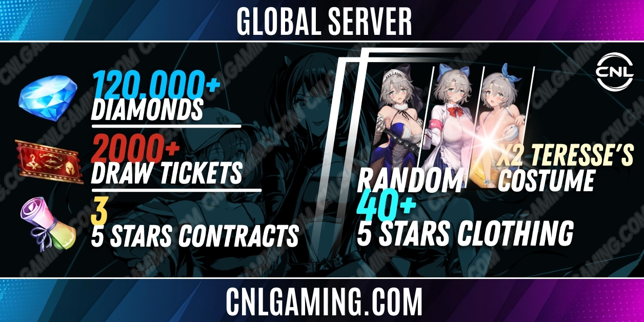 | Global | 120000+ Diamonds + 2000+ Draw ticket + 3 x 5 stars Contracts + 40+ 5 star Clothing(x2 Teresse's costume) (Special 3)