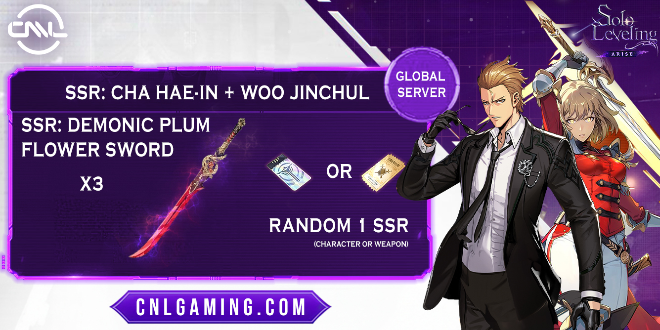 [GLOBAL]6SSR(Cha Hae-In+3x Demonic Plum Flower Sword+Woo Jinchul)+Ngẫu nhiên 1SSR (Nhân vật hoặc Vũ khí)