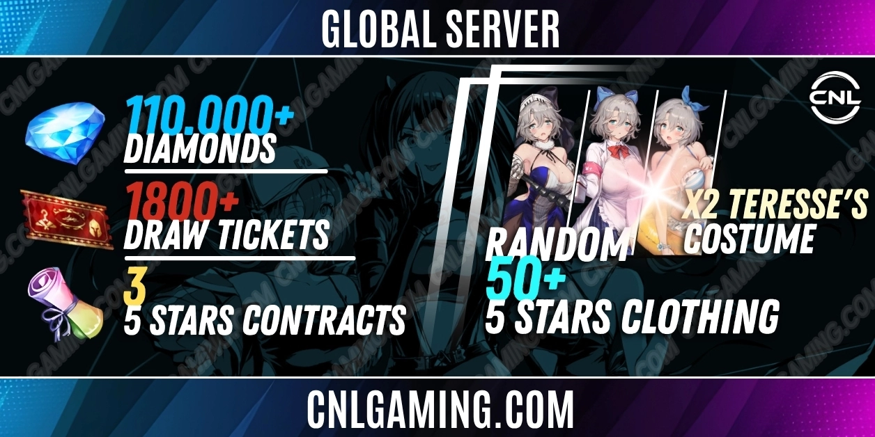 | Global | 110000+ Diamonds + 1800+ Draw ticket + 3 x 5 stars Contracts | 50+ 5-star Clothing(x2 Teresse's costume) (Special 3)