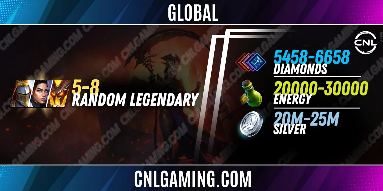 Global 5-8 random Legendary 5 Star + Diamond 5458-6658 + Silver Coins 20M-25M + Energy 20000-30000