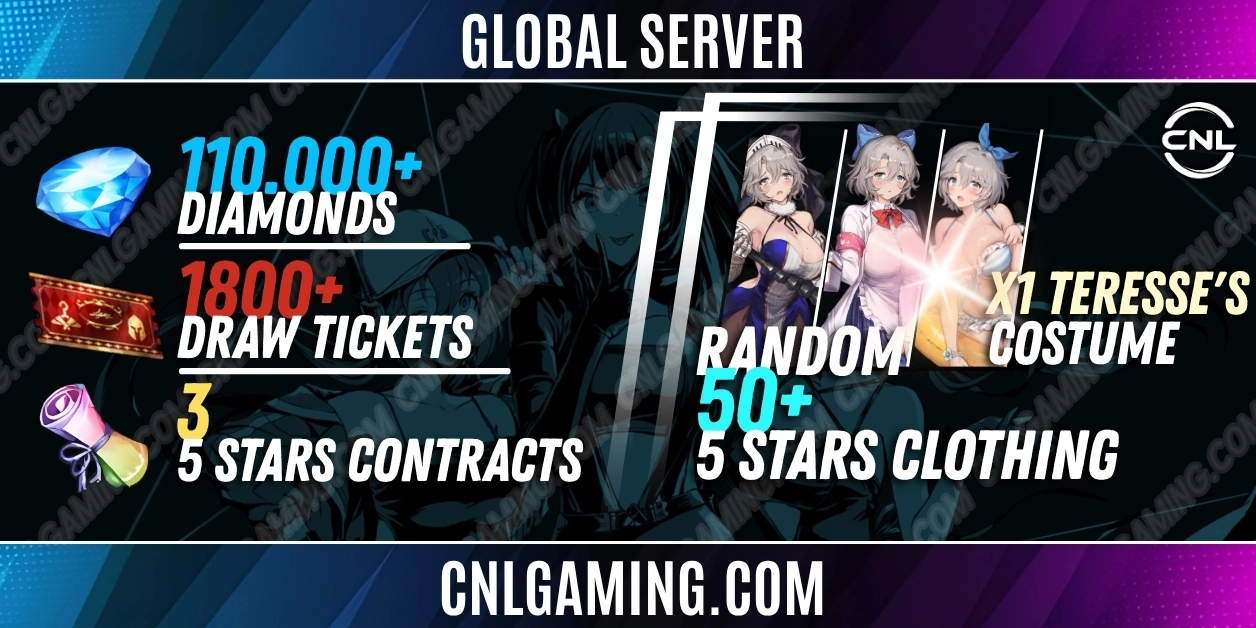 | Global | 110000+ Diamonds + 1800+ Draw ticket + 3 x 5 stars Contracts | 50+ 5-star Clothing(x1 Teresse's costume) (Special 2)