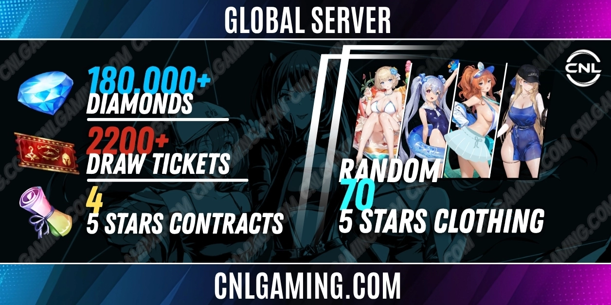 | Global | 180000+ Diamonds + 2200+ Draw ticket + 4 x 5 stars Contracts + Random 70+ 5-star Clothing (Special 10)