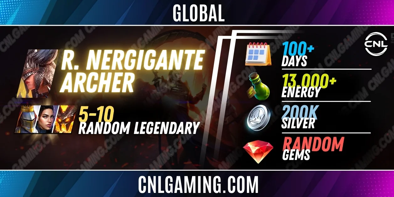 Global R. Nergigante Archer + 5-10 random Legendary | 100+ Days | Energy 13000+ | Silver 200K | Ramdom Gems