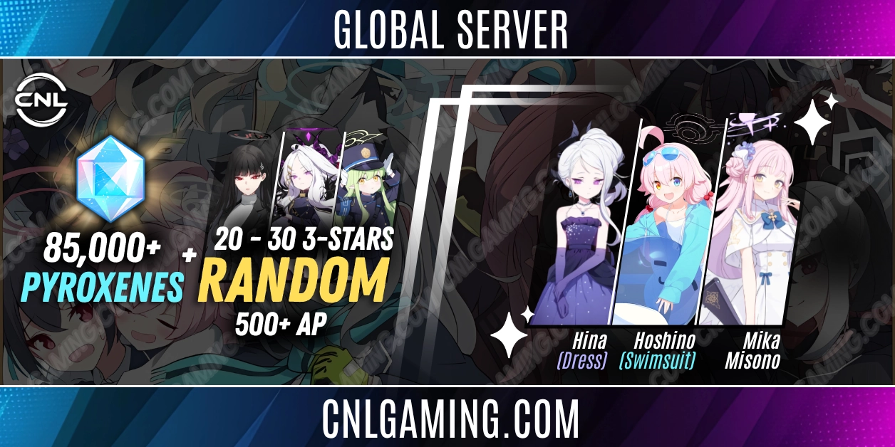 Global 20-30 Three-Stars + 85,000+ Pyroxenes + 500+ AP | Mika Misono + Hoshino Swimsuit + Hina (Dress)