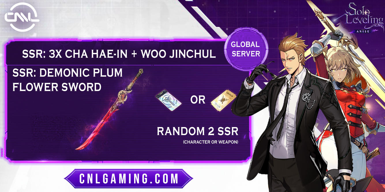 [GLOBAL]7SSR (3XCha Hae-In+Demonic Plum Flower Sword+Woo Jinchul)+ Ngẫu nhiên 2SSR (Nhân vật hoặc Vũ khí)