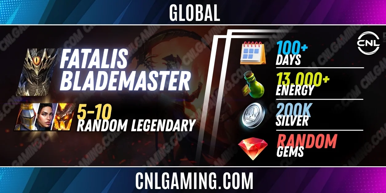 Global Fatalis Blademaster + 5-10 random Legendary | 100+ Days | Energy 13000+ | Silver 200K | Ramdom Gems