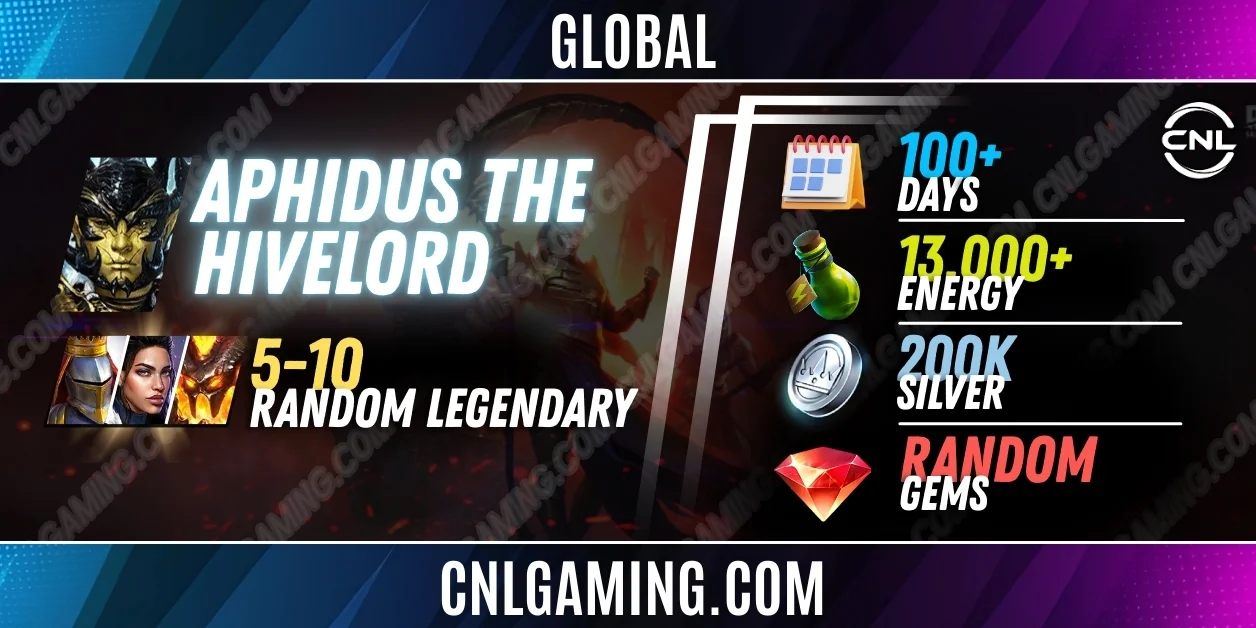 Global Aphidus the Hivelord + 5-10 random Legendary | 100+ Days | Energy 13000+ | Silver 200K | Ramdom Gems