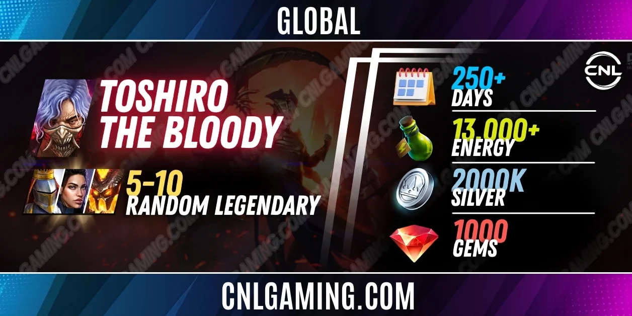 Mythical| Global Toshiro the Bloody + 5-10 random Legendary | 250+ Days | Energy 30000+ | Silver 2000K | 1000 Gems