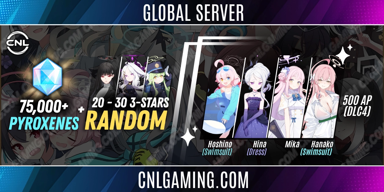 Global - 75,000 Diamonds + 20–30 Random 3-Star [Mika + Hoshino (Swimsuit) + Hina (Dress) + Hanako (Swimsuit)] + 500 AP (DLC4)