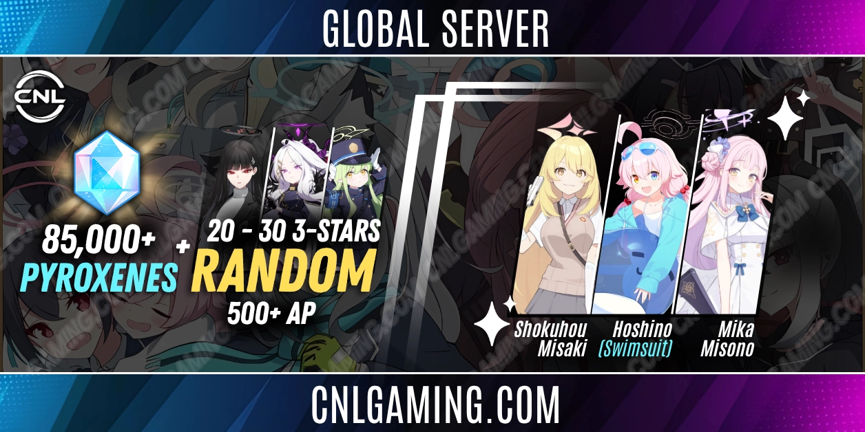 Global 20-30 Three-Stars + 85,000+ Pyroxenes + 500+ AP | Hoshino (Swimsuit) + Misaka Mikoto + Shokuhou Misaki