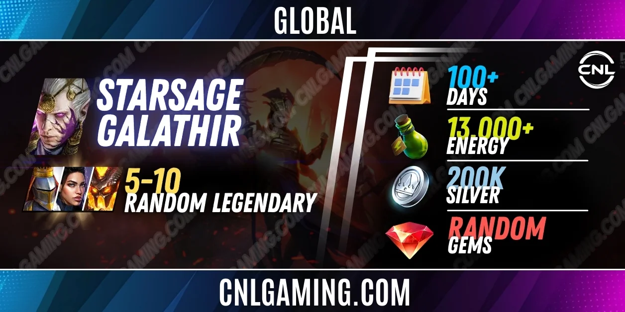 Limited | Global Starsage Galathir + 5-10 random Legendary | 100+ Days | Energy 13000+ | Silver 200K | Ramdom Gems