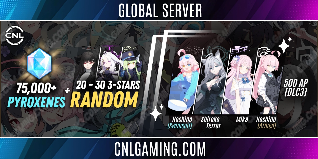 Global - 75,000 Diamonds + 20–30 Random 3-Star [Shiroko Terror + Mika + Hoshino Swimsuit + Hoshino (Armed)] + 500 AP (DLC3)