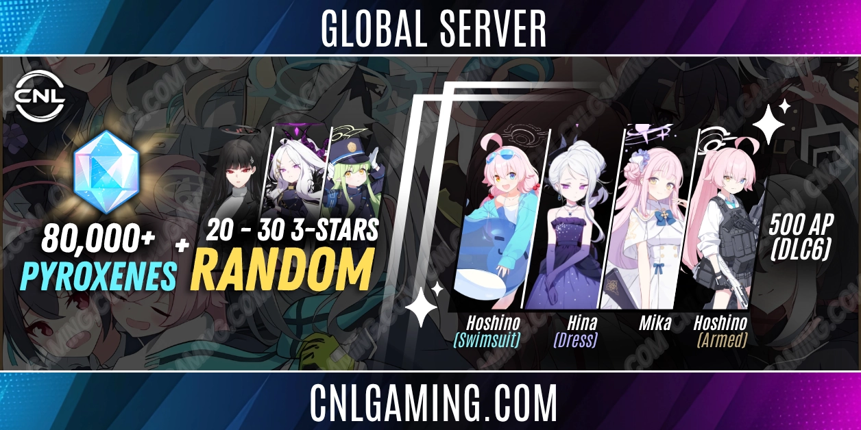 Global - 80,000 Diamonds + 20–30 Random 3-Star [Mika + Hoshino (Swimsuit) + Hina (Dress) + Hoshino (Armed)] + 500 AP (DLC6)