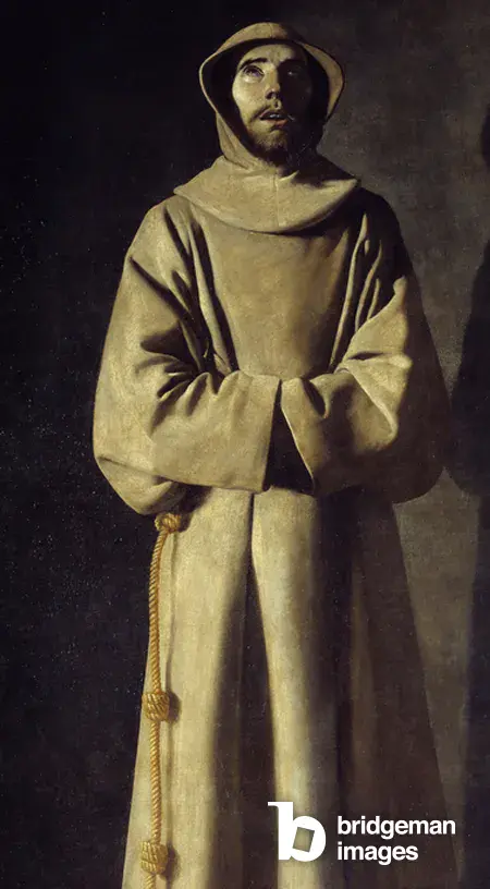 Portrait of Saint Francois of Assisi: The Saint is represented in ecstasy, He wears a cassock with, as a belt, a rope with knots. Painting by Francisco de Zurbaran (1598-1664), 17th century Sun. 2x1.1 m Lyon, Musee des Beaux Arts