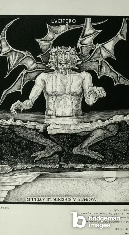 Illustration of the Thirty-fourth canto of the Inferno. The three-headed demon Lucifer devours the lost souls of Judas, Brutus and Cassius, on the border of Hell